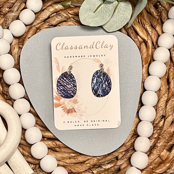 Handmade Polymer Clay Silver Leaf Crackle pebble Earrings w/ silver studs - Picture 3 of 5